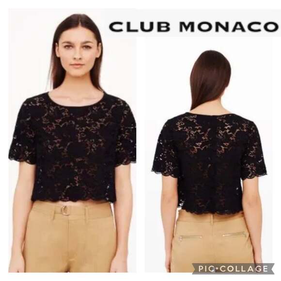 Club Monaco Black Lace Cropped Top scalloped hems back button closing size small - Picture 1 of 12